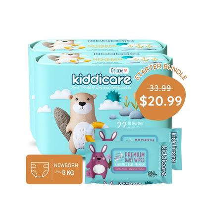 Kiddicare Starter Bundle - 2 Pack Nappies + 2 Pack Baby Wipes