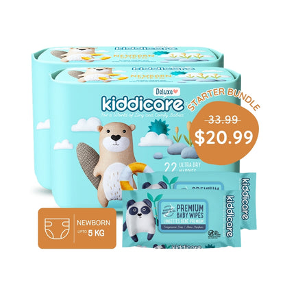 Kiddicare Starter Bundle - 2 Pack Nappies + 2 Pack Baby Wipes