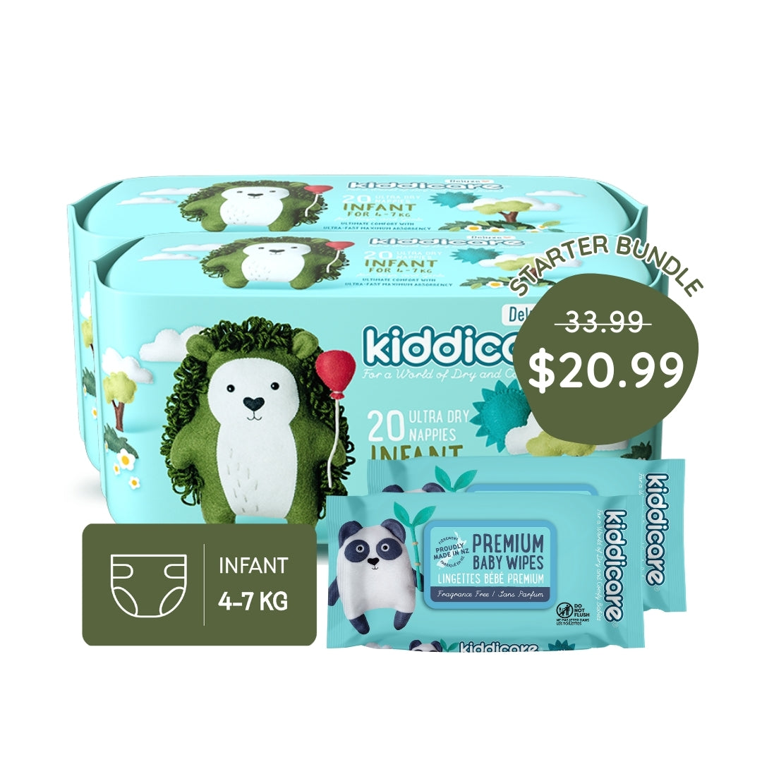 Kiddicare Starter Bundle - 2 Pack Nappies + 2 Pack Baby Wipes